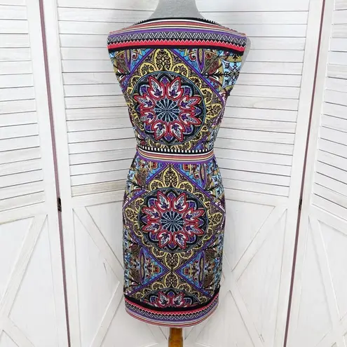 Premise Mosaic Multi Print Faux Wrap Belted Sleeveless Dress Multicolor Small