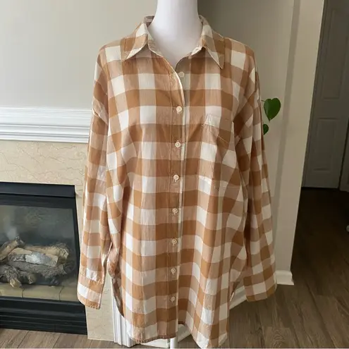 Maeve Anthropologie Brown White Plaid Button-Up Shirt M Oversized Long Sleeve