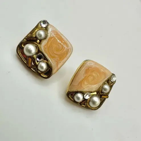 Square faux pearl rhinestone peach earrings Orange