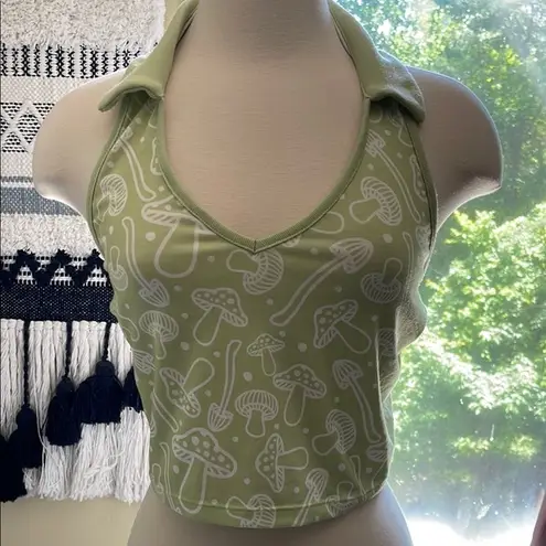 Green Halter BoHo Crop Tank Top with White Mushroom Pattern Size L