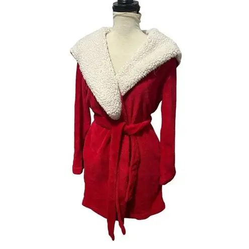 Victoria's Secret  Cozy Hooded Plush Fleece W Sherpa Short Robe Vibrant Red XS/S