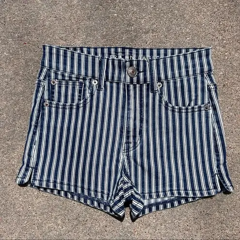 American Eagle AEO blue white railroad stripe next level stretch high rise Shorty jean shorts