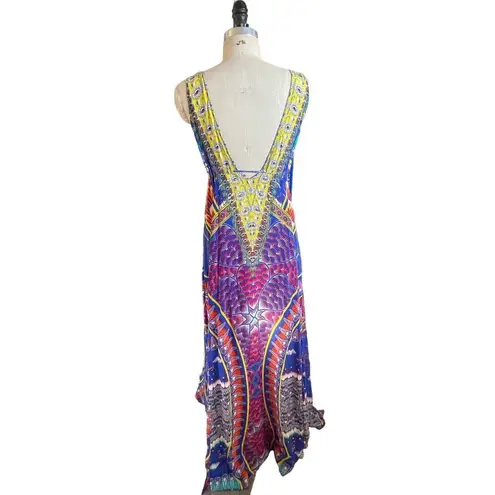 Camilla 100% Silk Swarovski Beaded V-Neck Bright Print Maxi Dress Size Medium/Lg