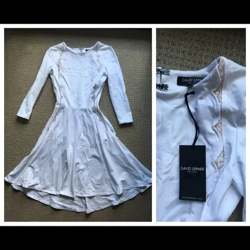 David Lerner Lace Panel Fit & Flare Dress White XS Skater Elbow Sleeves