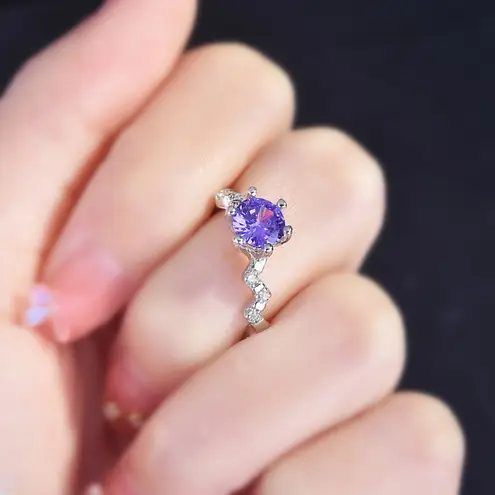 18K White Gold Plated Adjustable Birthstone Purple Crystal Amethyst Ring for Women
