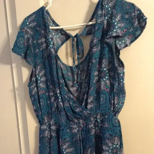 Mudd Printed Romper shorts V neck open back Large L womens  short sleeves pockets thumbnail 1