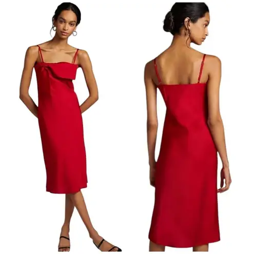Hutch Anthropologie Dress Women XS Red Satin Bow Front Slip Midi NWT Party