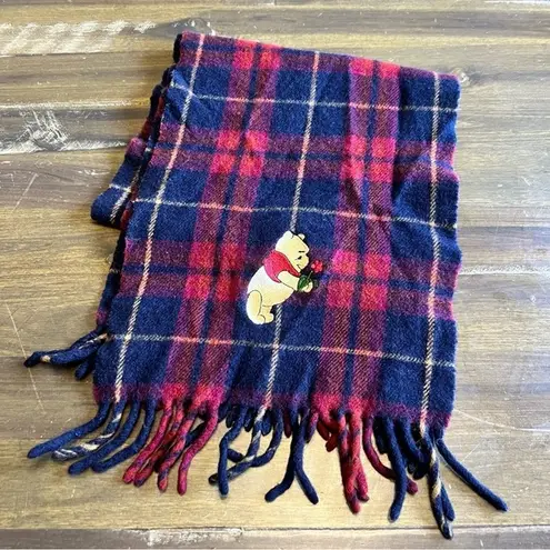 Disney Vintage  Winnie The Pooh Plaid Grid Lambs Wool Scarf Winter Embroidered