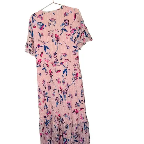 Tanya Taylor Pink Floral Silk Wrap Short Sleeve Ruffle V-Neck Midi Dress Size 20