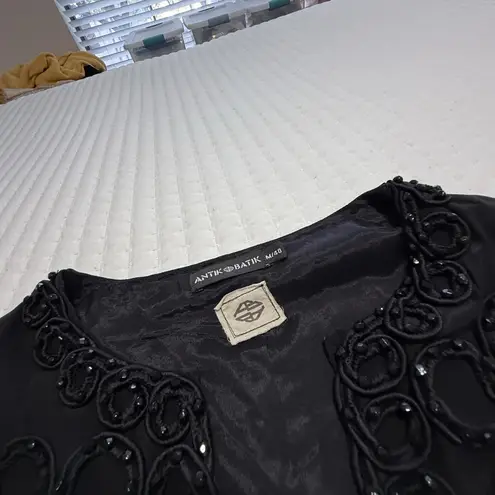 Antik Batik Dress Sz M 40 Short Sleeve 100% Silk Beaded Has Pockets Black Size M