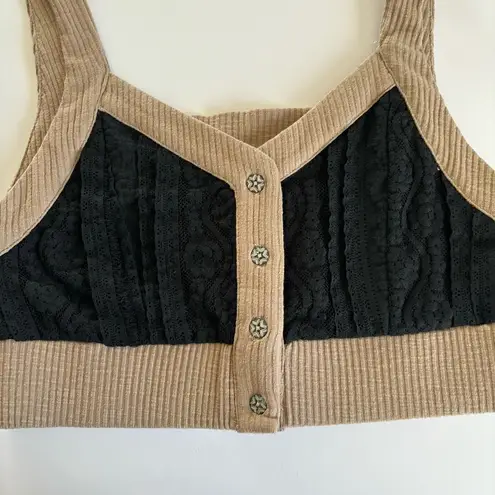 POL  Boutique Black Lace Tan Button Front Crop Top Size Medium NWT