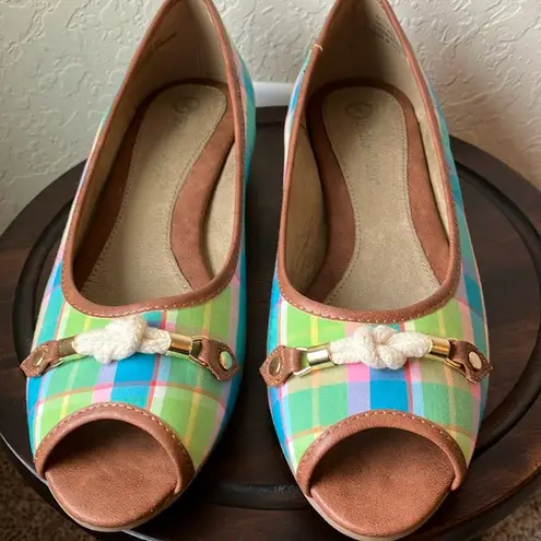 Bella Vita : Plaid (pink/blue/green) open toe flats-size 11