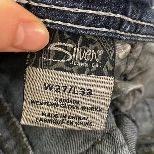 Silver Jeans Aiko Bootcut low rise jeans with shiny lace embroidered pocket 27