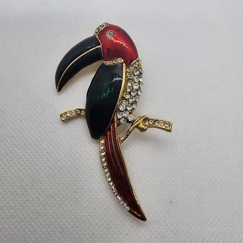 Vintage Toucan Bird Enamel & Rhinestone Brooch Red