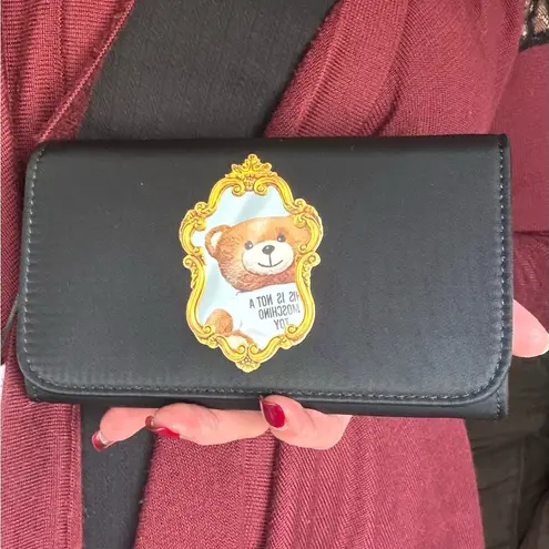 Moschino Authentic Leather/Satin Bear print magnetic closure flap Crosby/Clutch