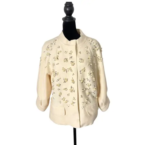 Per Se Carlisle Pearl Rhinestone Wool Jacket Womens 12 Cream Embellished FLAW