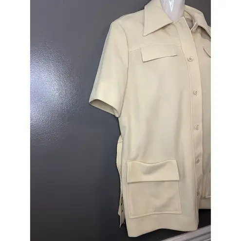Vintage Devon Jacket Womens 16 Ivory Belted Safari Double Knit Short Sleeve 70s Tan