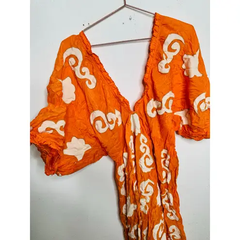 CHUFY Orange White Design Cupro Blend 3/4 Sleeves Lucia Maxi Dress Size Medium