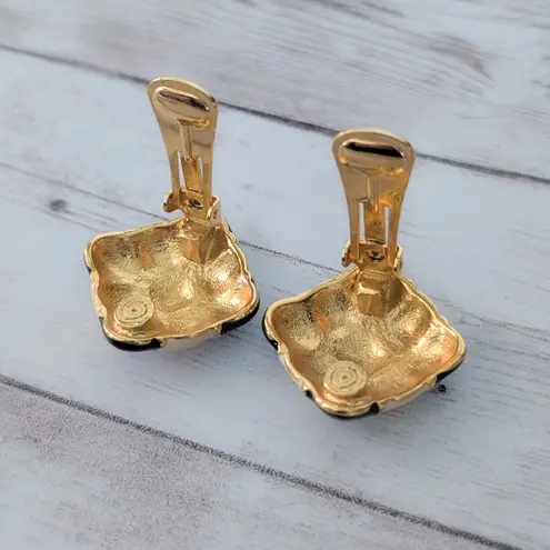 Vintage Clip On Earrings Black & Cream Checkerboard Enamel Statement