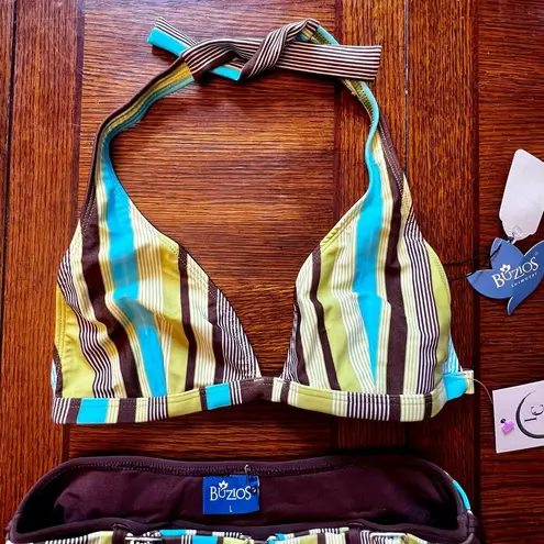 NWT Y2K Retro Buzois Brown White Blue Striped Halter Top Bikini Set Size Large