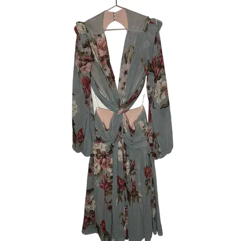 PatBo Peony Print Cutout Midi Crepe Long Sleeve Blue Pink Dress US Size 12