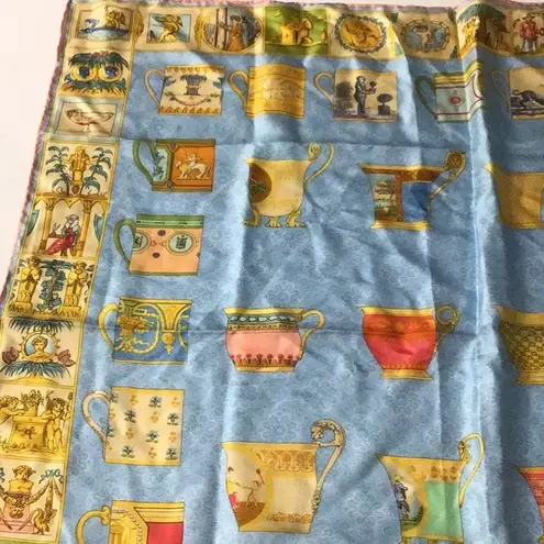 Cherubs and Demitasse Cup Printed Silk Scarf Blue and Gold Square EUC