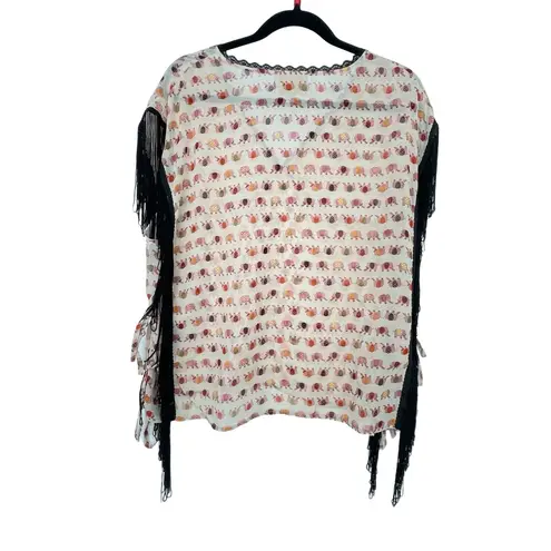 Skies Are Blue Womens Sheer Sleeveless Elephant Print Fringe Funky Blouse Large