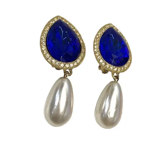 Vintage Blue  Sapphire Gem with Hanging Faux Pearl, Rhinestone Clip-On Earrings