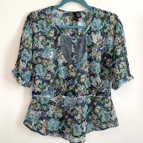 Fire Los Angeles Floral Peplum Blouse Top Lace Detail ~ Women’s Size Small