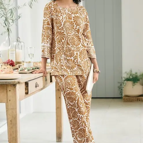 Soft Surroundings Oceo Gauze Nautical Shells Neutral Tunic Top Pants Set P XL