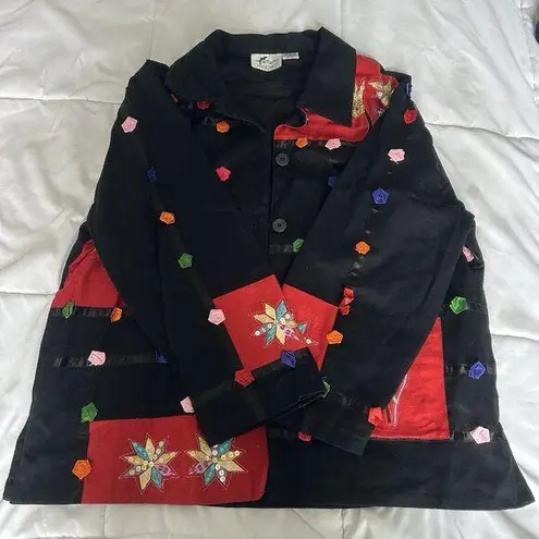 Earth Sea & Sky Jacket Roses Flowers Floral Black Patchwork Buttons Womens XL