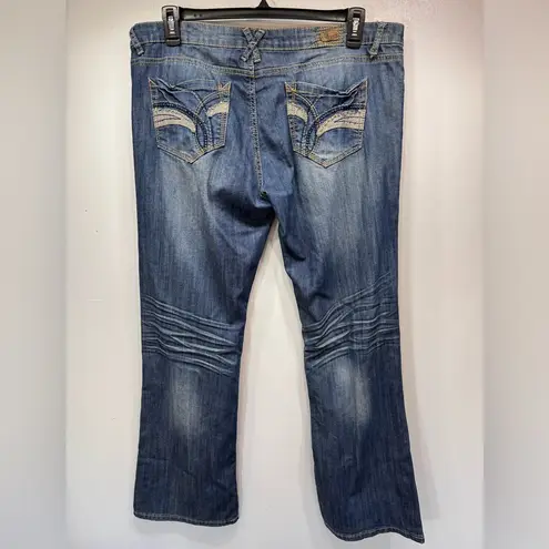1st Kiss Root Bootcut Embellished Jeans Distressed Thrashed Low Rise Medium Wash