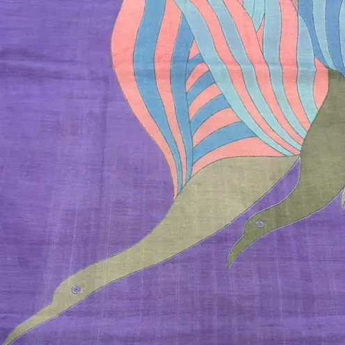 Vintage Purple Abstract Peacock Print Silk Scarf Hand Rolled Edges 40x40" EUC