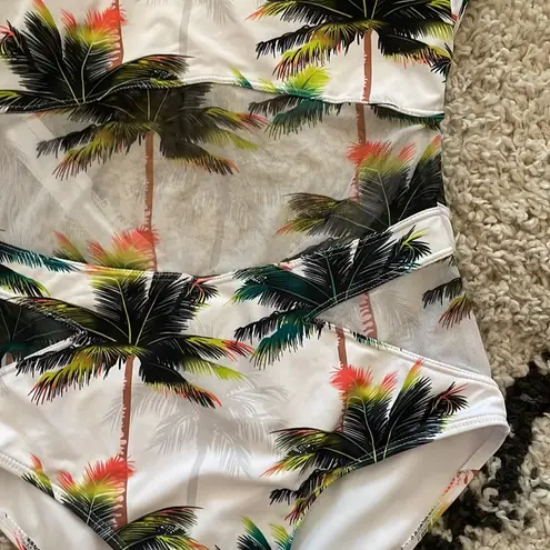 Womens Sexy V Neck Backless One Piece Coconut Palm Tree Print Swimsuit White Size XL
