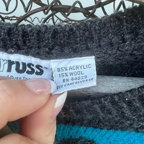 Vintage 80s rrrruss Sleeveless Sweater Art Deco Chevron Blue Black Wool Blend Size L