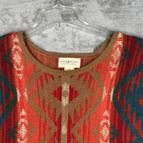 Denim & Supply Ralph Lauren Sweater Orange Aztec Knit Pullover 3/4 Sleeve Size M