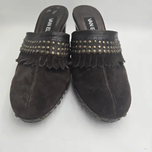 Van Eli Brown Suede Studded Clog Mules Heels Fringe Trim Slip On Women’s 9W Boho Size 9