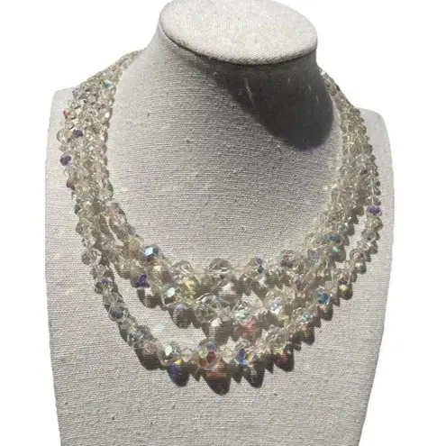 Vintage 3 Strand AB Aurora Borealis Crystal Faceted Beads Style Necklace 15.5” White