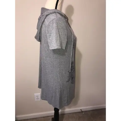 Soma Size S Tunic Top Hooded Gray Black Paisley Short Sleeves Soft Cozy Dress