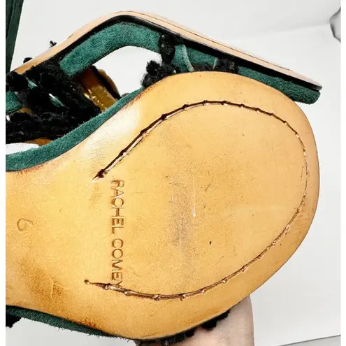 Rachel Comey Chenille Suede Green Black Pom Pom Block Heeled Cage Sandals US 6