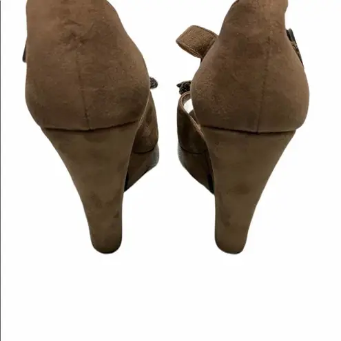 Crown Vintage Mary Jane Peep Toe Bow Wedge Taupe 7 Tan