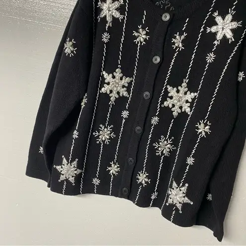 Vintage Bobbie Brooks Sweater XL Black Snowflake Embroidered Beaded Ramie Blend