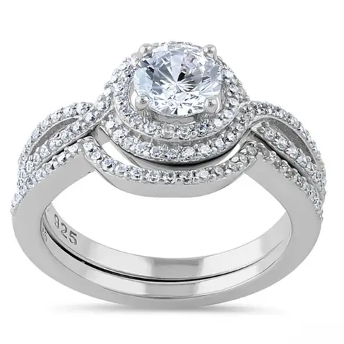 Sterling Silver SIZE 6 925 Halo CZ Wedding Set Ring