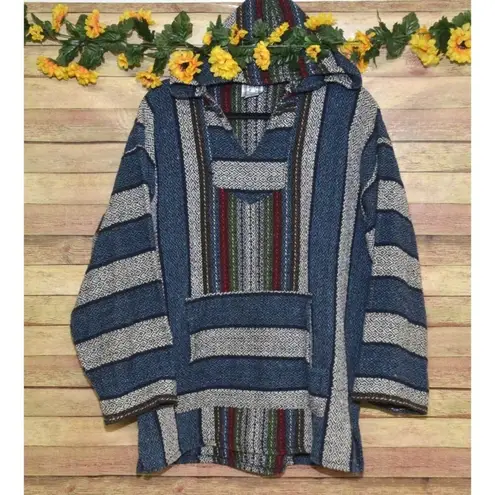 Taco Joe's Unisex L Mexican Woven Poncho Hoodie Surf Hippie Skate Sweater Blue Size L