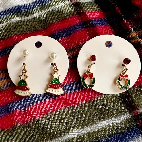 Festive Christmas Tree Wreath Earrings Red