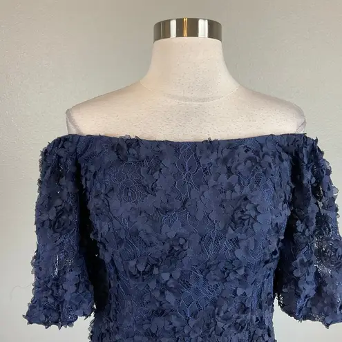 XScape  Women's Cocktail Dress Size 6 Blue 3D Floral Lace Off the Shoulder Sheath