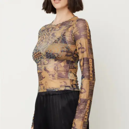Miaou Graphic Mesh Top in Black and Tan Size M Brown Size M