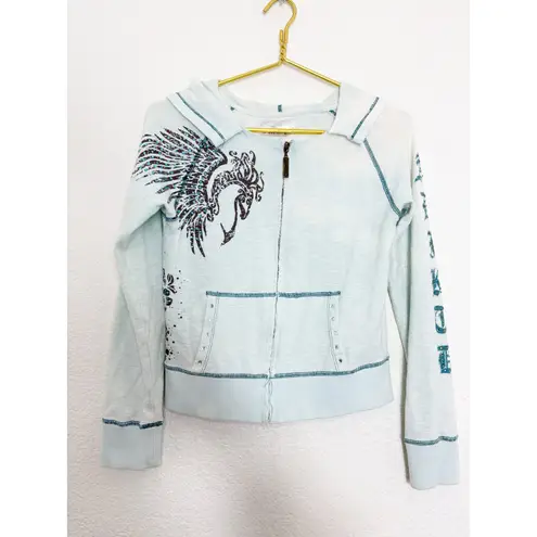 Vintage Y2K Adiktd Blue Rhinestone Euro Zip Up Hoodie Size Small Emo Grunge 90s