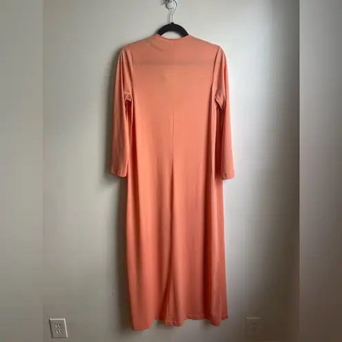 Vintage Peach Long Sleeve Maxi 19Nylon Dressing Night Gown w Embroidery Medium