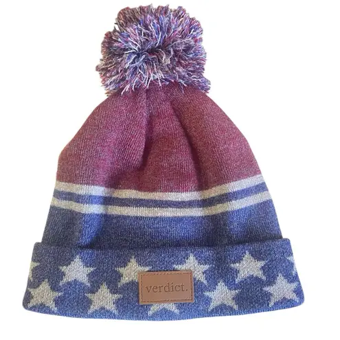 Verdict Knit Pom Beanie Red White Blue Stars NWOT